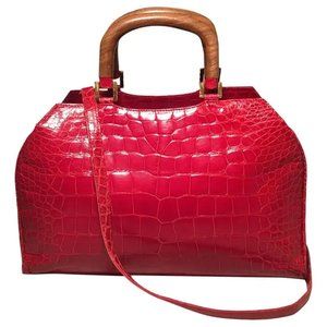Lana Marks Red Crocodile Wood Handle Handbag